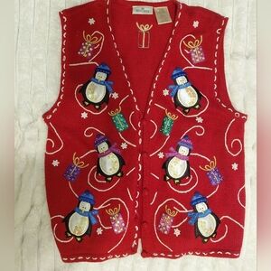 Knitted Christmas Sweater Vest Embroided Penguins With Sequins Vintage Grannycor